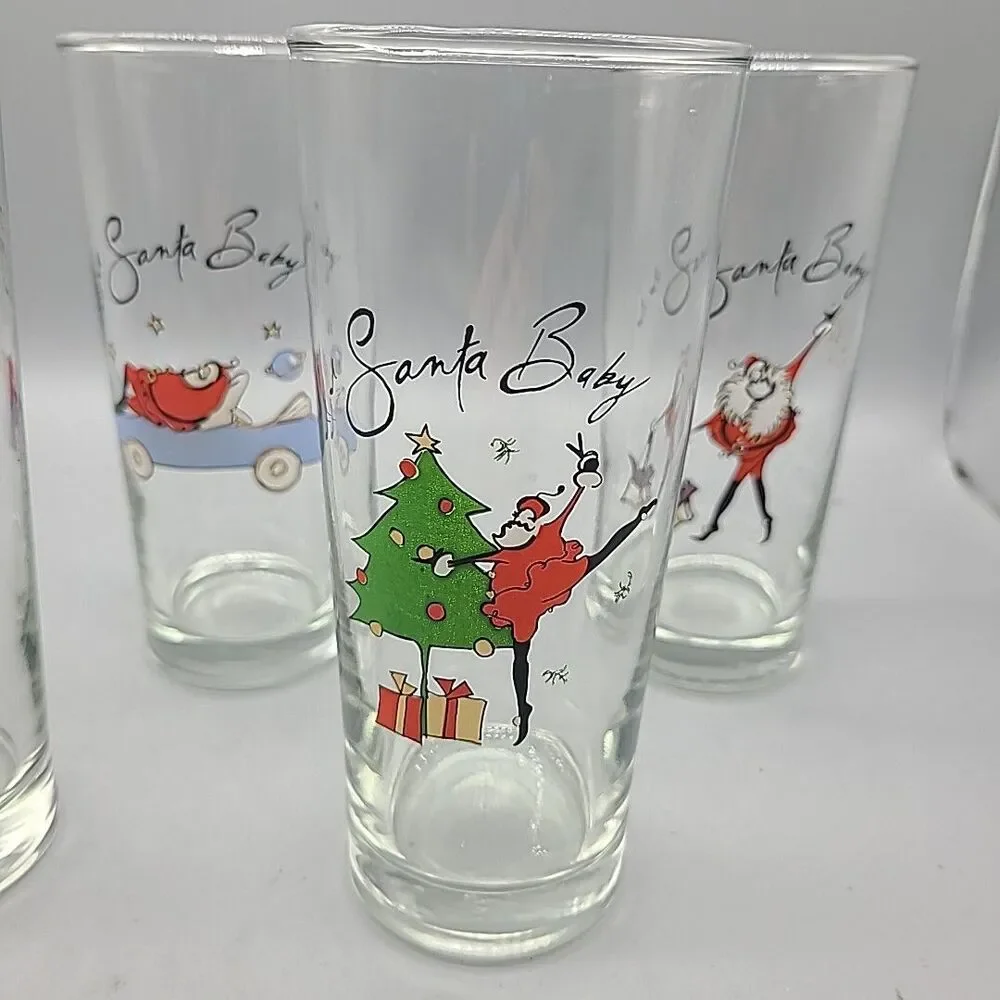 Set (4) Pottery Barn Highball Drinking Glasses  Christmas “Santa Baby” New